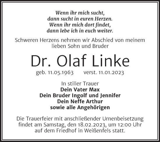 Traueranzeige von Olaf Linke von Trauerkombi Weißenfels