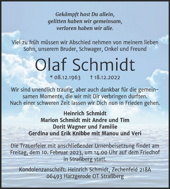 Traueranzeige von Olaf Schmidt von Trauerkombi Quedlinburg
