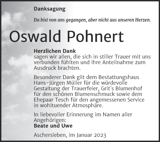 Traueranzeige von Oswald Pohnert von Trauerkombi Aschersleben