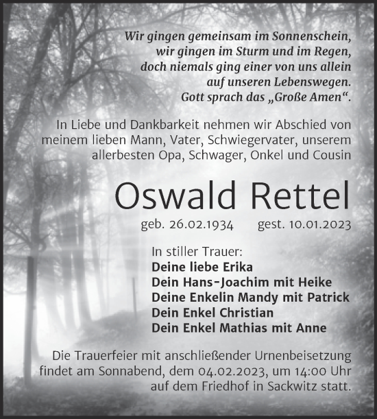 Traueranzeige von Oswald Rettel von Trauerkombi Wittenberg