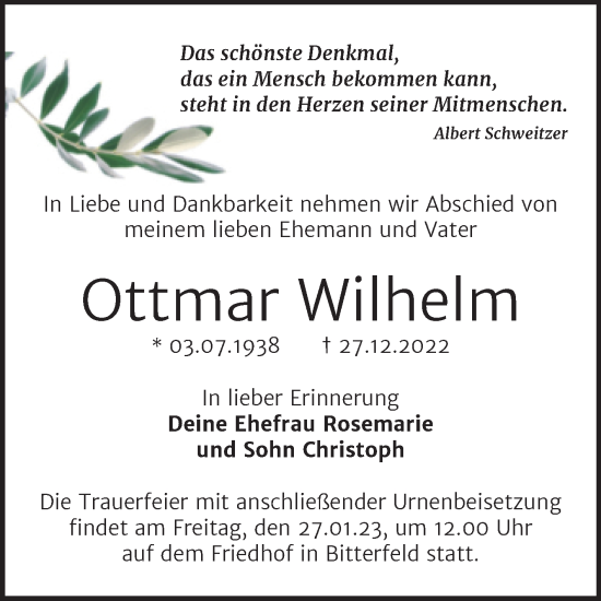 Traueranzeige von Ottmar Wilhelm von Trauerkombi Bitterfeld