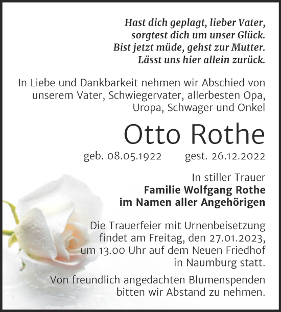 Traueranzeige von Otto Rothe von Wochenspiegel Naumburg/Nebra