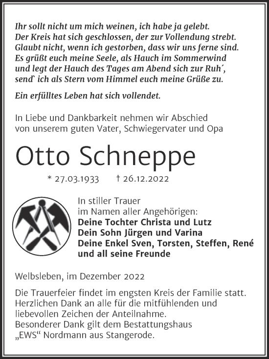 Traueranzeige von Otto Schneppe von Trauerkombi Mansfelder Land