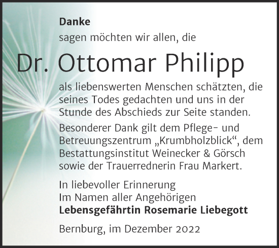 Traueranzeige von Ottomar Philipp von Trauerkombi Bernburg