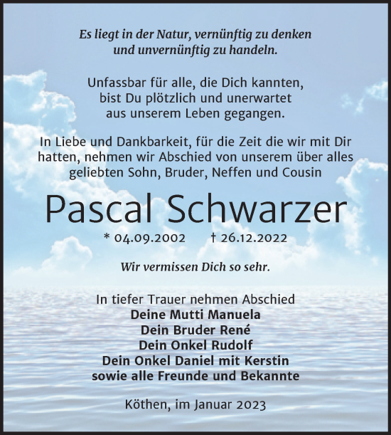 Traueranzeige von Pascal Schwarzer von Trauerkombi Köthen