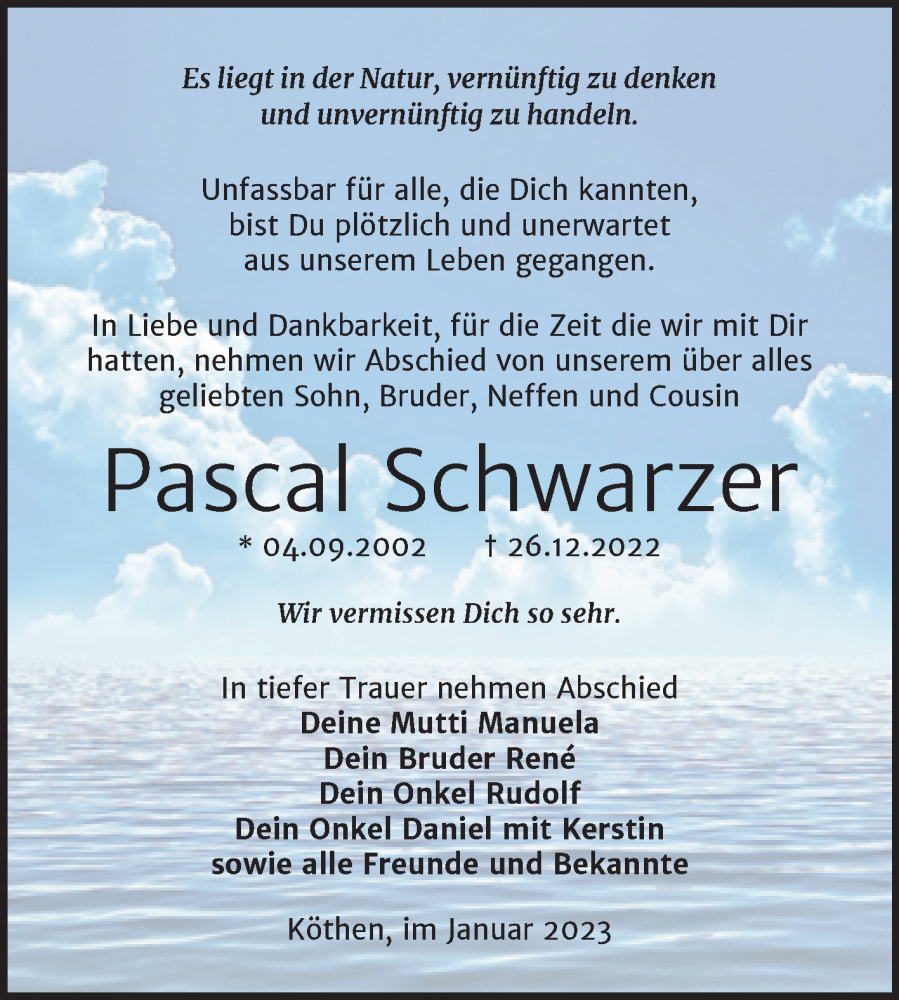  Traueranzeige für Pascal Schwarzer vom 07.01.2023 aus Trauerkombi Köthen