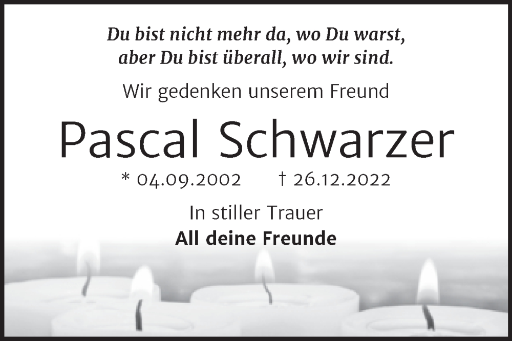  Traueranzeige für Pascal Schwarzer vom 14.01.2023 aus Trauerkombi Köthen