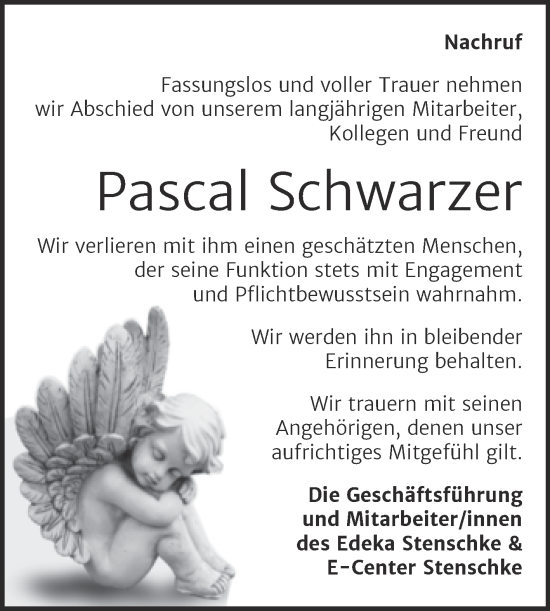 Traueranzeige von Pascal Schwarzer von Mitteldeutsche Zeitung Köthen