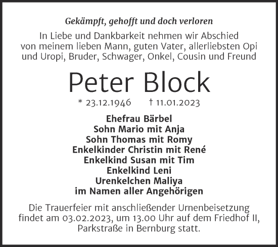 Traueranzeige von Peter Block von Trauerkombi Bernburg