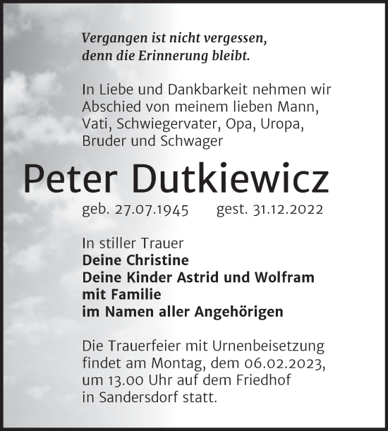 Traueranzeige von Peter Dutkiewicz von Trauerkombi Bitterfeld