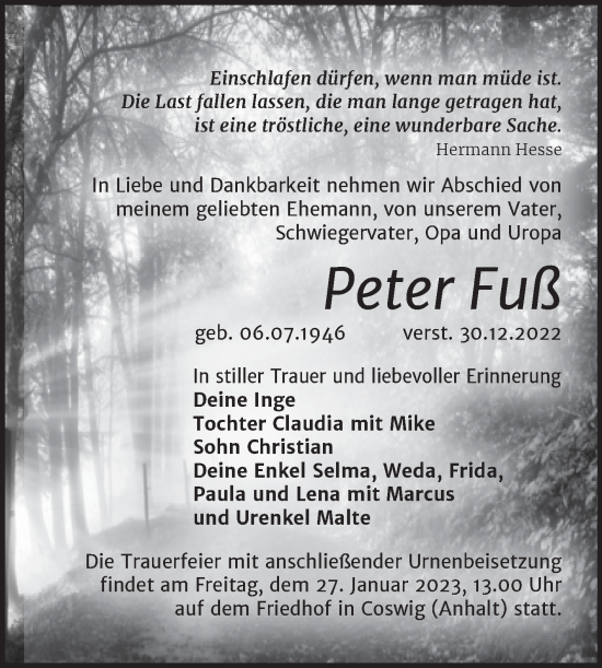 Traueranzeige von Peter Fuß von Trauerkombi Wittenberg