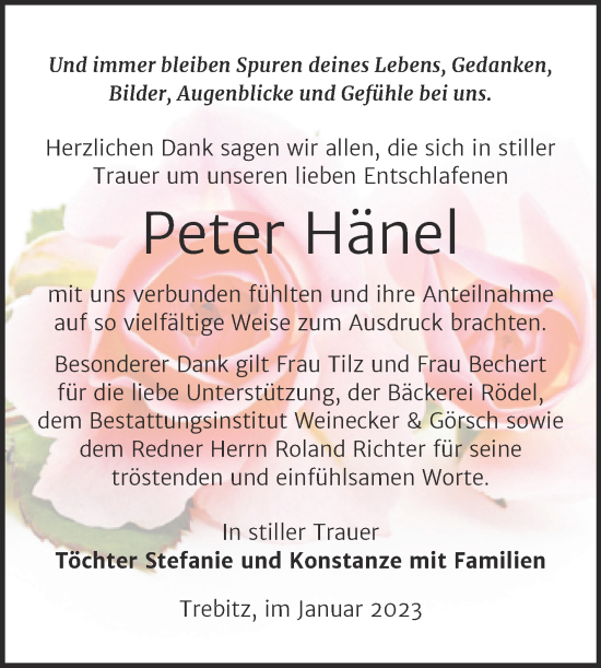 Traueranzeige von Peter Hänel von Trauerkombi Bernburg