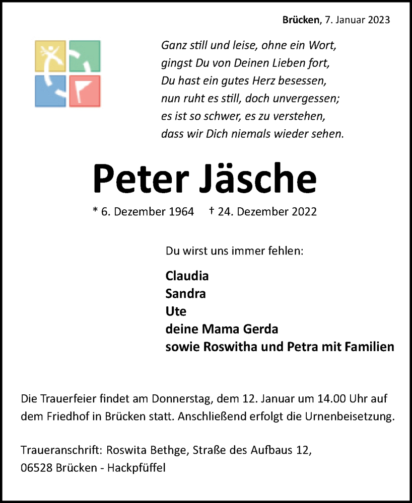 Traueranzeige für Peter Jäsche vom 07.01.2023 aus Mitteldeutsche Zeitung Sangerhausen