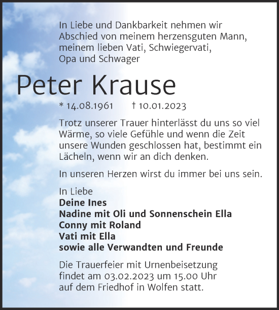 Traueranzeige von Peter Krause von Trauerkombi Bitterfeld