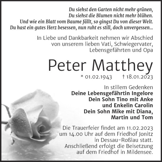 Traueranzeige von Peter Matthey von Trauerkombi Dessau
