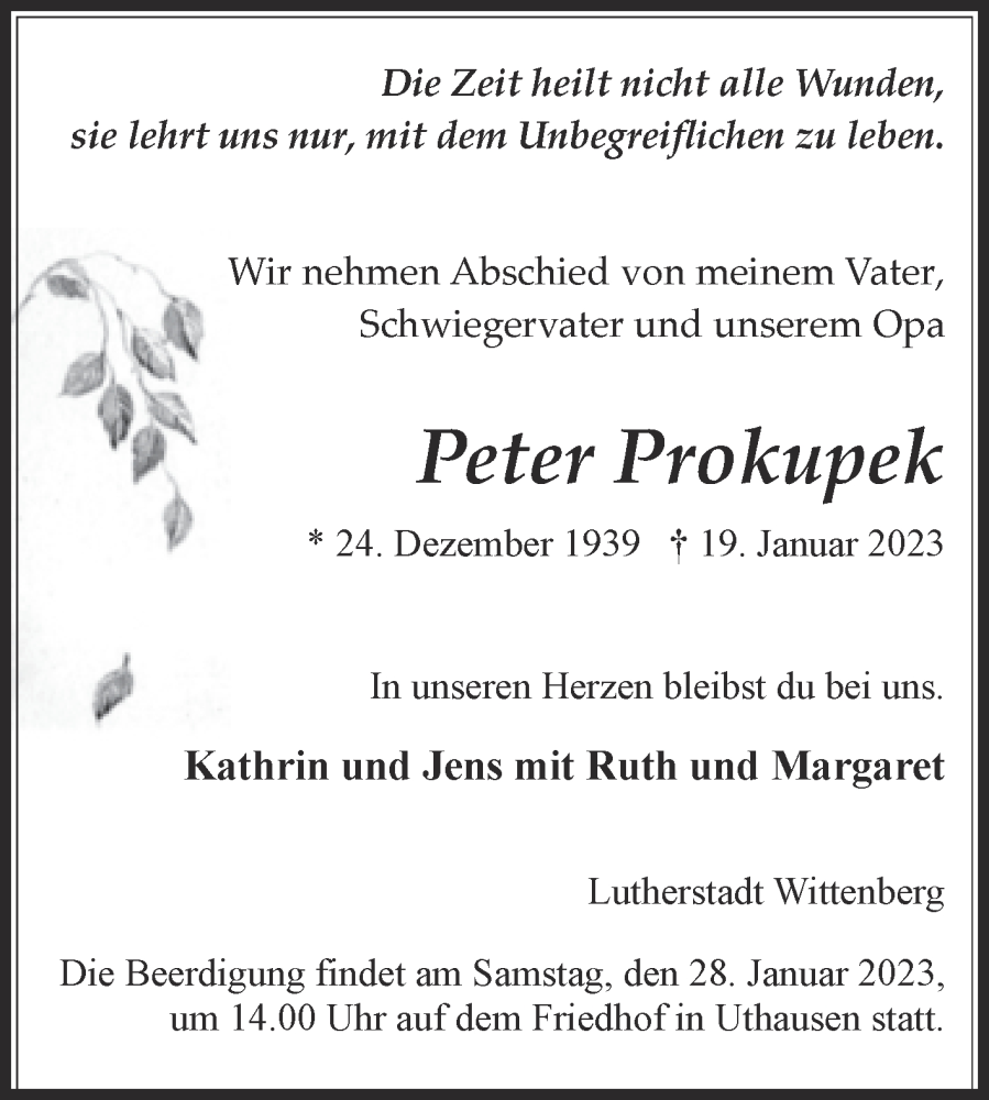  Traueranzeige für Peter Prokupek vom 21.01.2023 aus Mitteldeutsche Zeitung