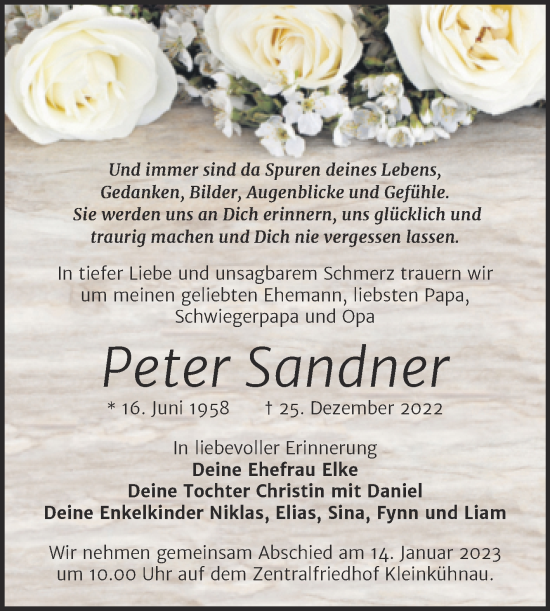 Traueranzeige von Peter Sandner von Trauerkombi Dessau