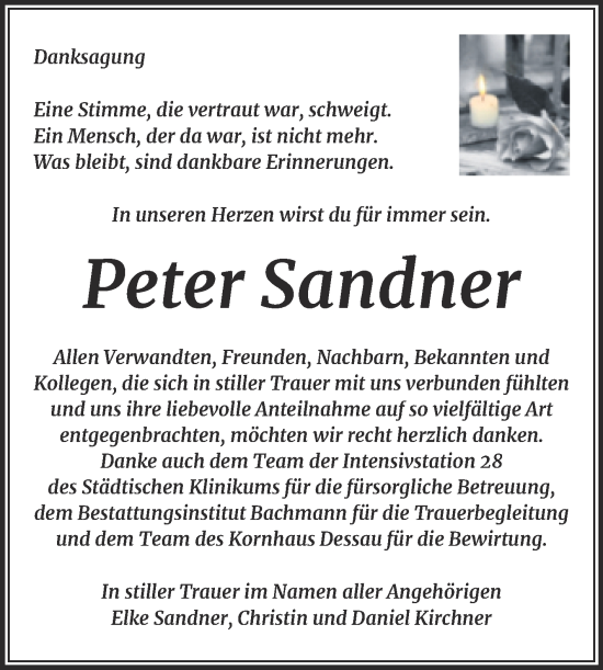 Traueranzeige von Peter Sandner von Trauerkombi Dessau