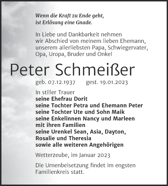 Traueranzeige von Peter Schmeißer von Trauerkombi Zeitz