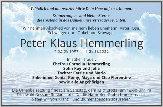 Traueranzeige von Peter Klaus Hemmerling von Trauerkombi Bitterfeld