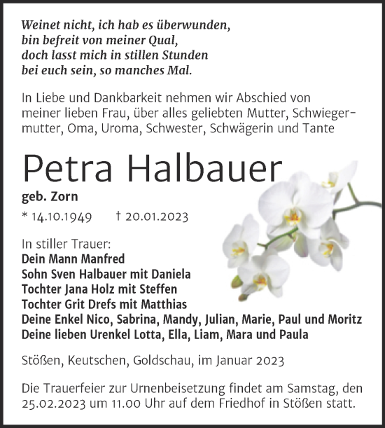 Traueranzeige von Petra Halbauer von Trauerkombi Zeitz