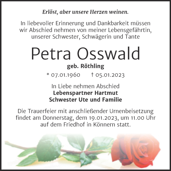 Traueranzeige von Petra Osswald von Trauerkombi Bernburg