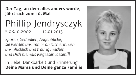 Traueranzeige von Phillip Jendrysczyk von Trauerkombi Wittenberg