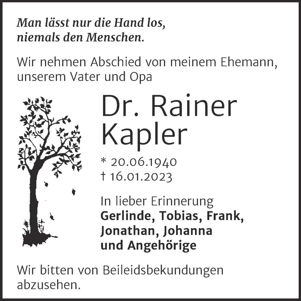  Traueranzeige für Rainer Kapler vom 25.01.2023 aus Trauerkombi Bitterfeld