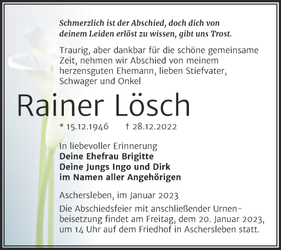 Traueranzeige von Rainer Lösch von Trauerkombi Aschersleben
