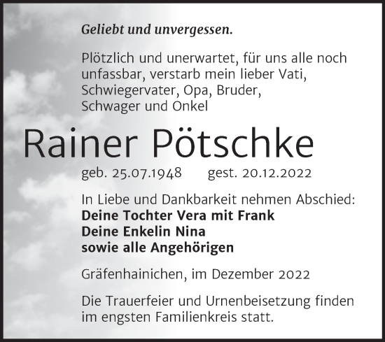 Traueranzeige von Rainer Pötschke von Trauerkombi Wittenberg
