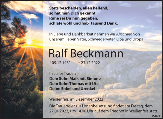 Traueranzeige von Ralf Reckmann von Trauerkombi Weißenfels