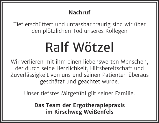 Traueranzeige von Ralf Wötzel von Wochenspiegel Naumburg/Nebra