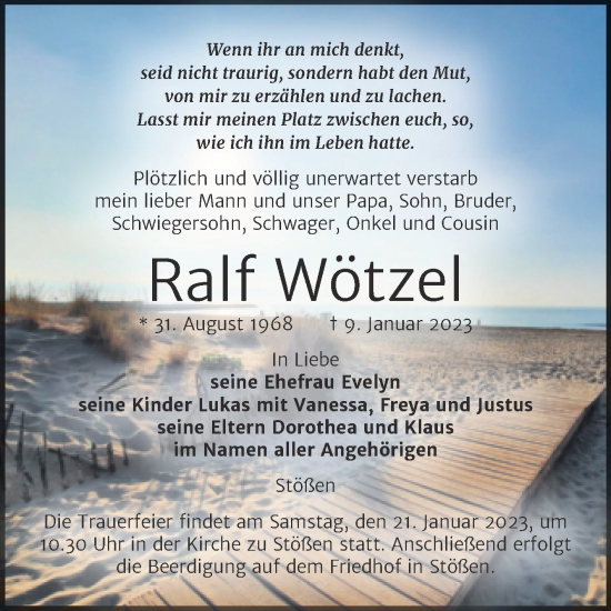 Traueranzeige von Ralf Wötzel von Wochenspiegel Naumburg/Nebra