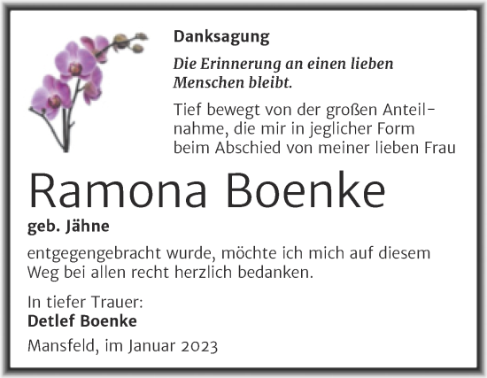Traueranzeige von Ramona Boenke von Trauerkombi Mansfelder Land