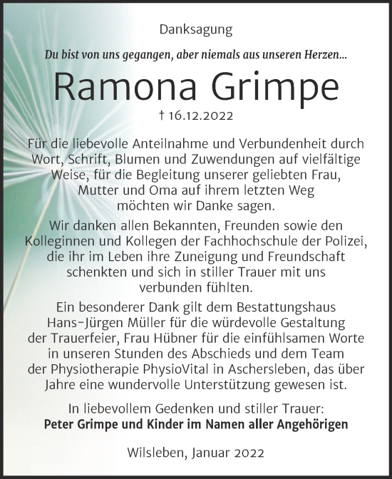 Traueranzeige von Ramona Grimpe von Trauerkombi Aschersleben