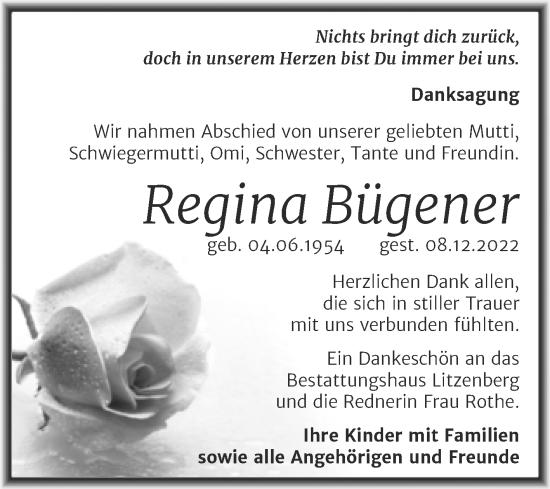 Traueranzeige von Regina Bügener von Mitteldeutsche Zeitung Mansfelder Land