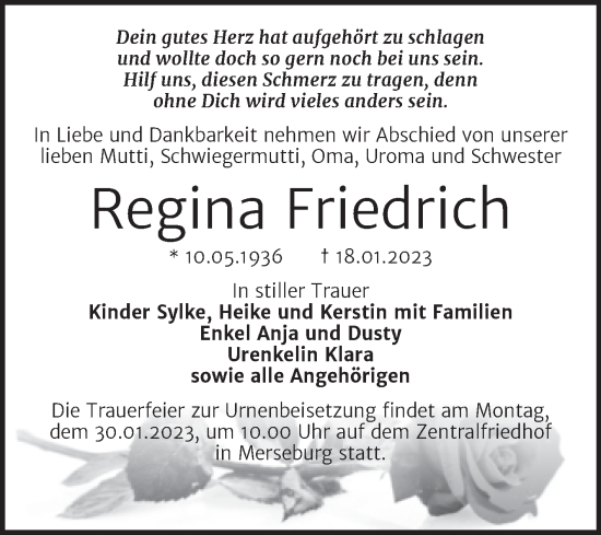 Traueranzeige von Regina Friedrich von Trauerkombi Merseburg