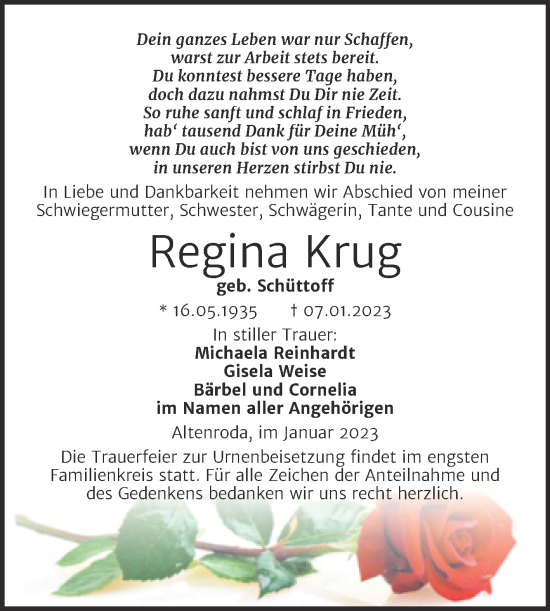 Traueranzeige von Regina Krug von Wochenspiegel Naumburg/Nebra