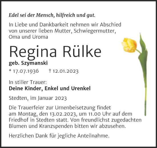 Traueranzeige von Regina Rülke von Trauerkombi Mansfelder Land