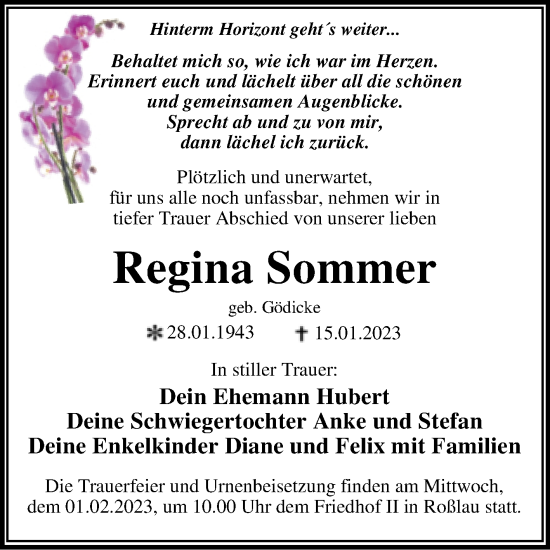 Traueranzeige von Regina Sommer von Trauerkombi Dessau