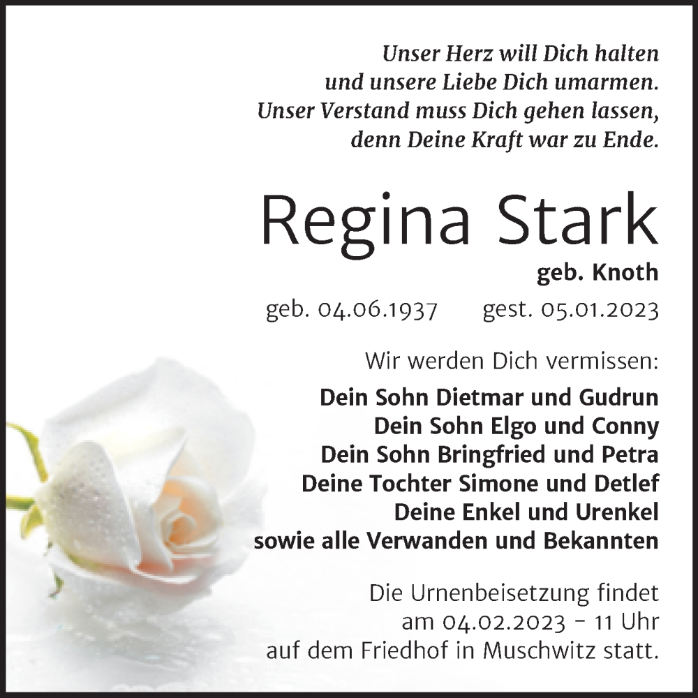  Traueranzeige für Regina Stark vom 14.01.2023 aus Trauerkombi Weißenfels
