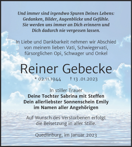 Traueranzeige von Reiner Gebecke von Trauerkombi Quedlinburg