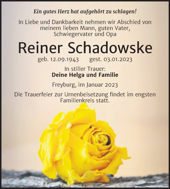 Traueranzeige von Reiner Schadowske von Wochenspiegel Naumburg/Nebra