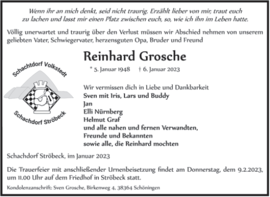Traueranzeige von Reinhard Grosche von Trauerkombi Mansfelder Land