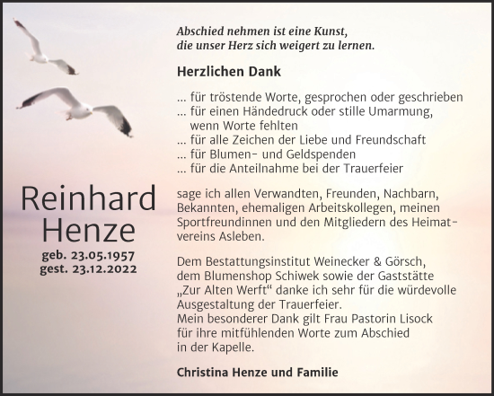 Traueranzeige von Reinhard Henze von Trauerkombi Bernburg