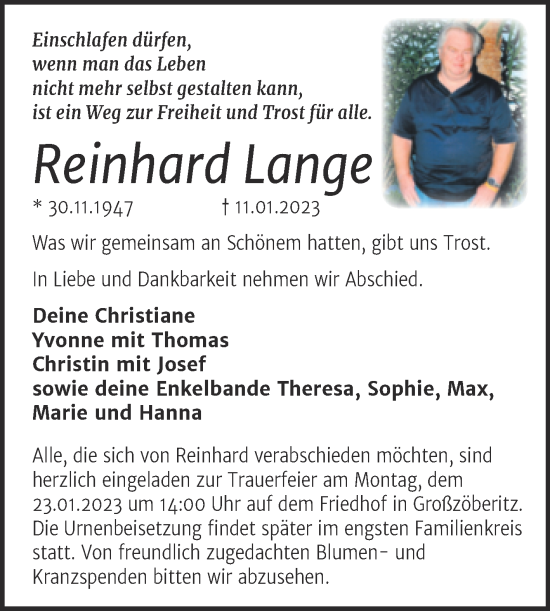 Traueranzeige von Reinhard Lange von Trauerkombi Bitterfeld