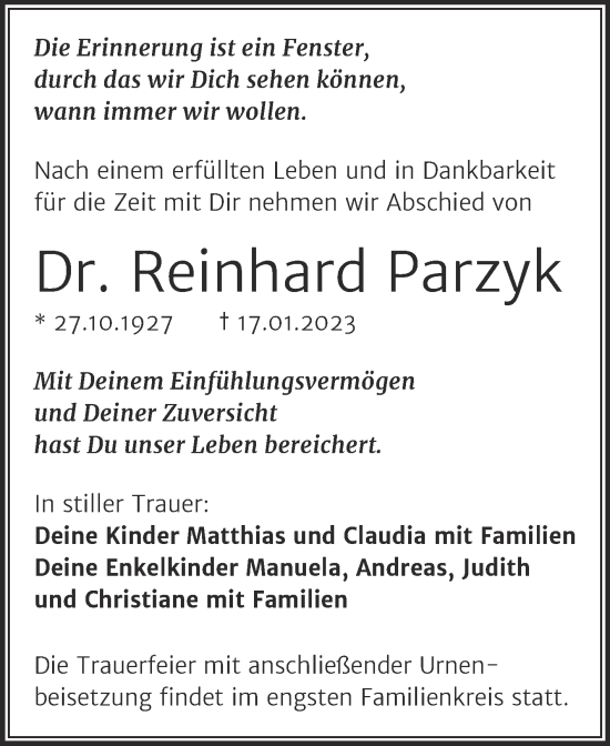 Traueranzeige von Reinhard Parzyk von Trauerkombi Wittenberg