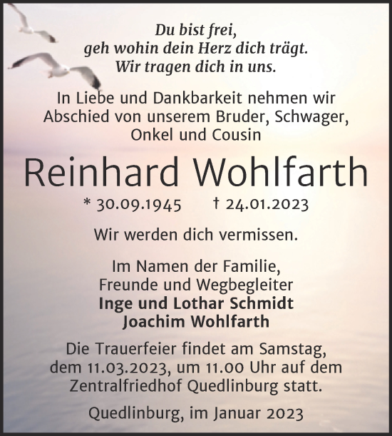 Traueranzeige von Reinhard Wohlfarth von Trauerkombi Quedlinburg