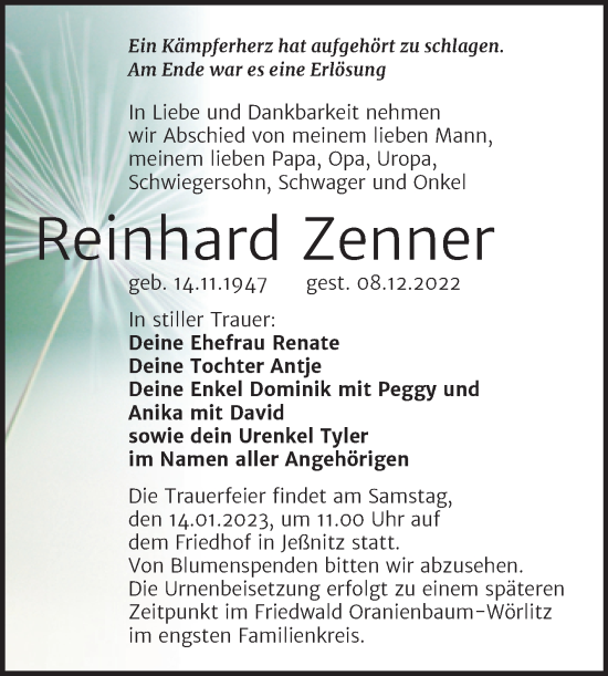 Traueranzeige von Reinhard Zenner von Trauerkombi Bitterfeld