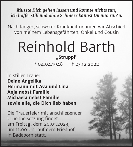 Traueranzeige von Reinhold Barth von Trauerkombi Quedlinburg